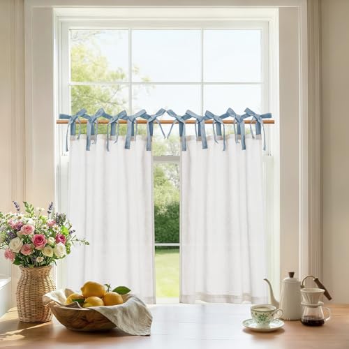 jinchan White Linen Kitchen Tier Curtains 36 Inches Blue Tie Top 2 Panles