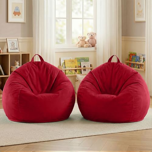 Image of HABUTWAY 2FT Bean Bag Chair 2-Pack, 2' Beanbags Small Bean Bag Chairs with Filling, Teardrop Bean Bag Chair Luxurious Velvet Ultra Soft Fur with Removable Cover(Red)
