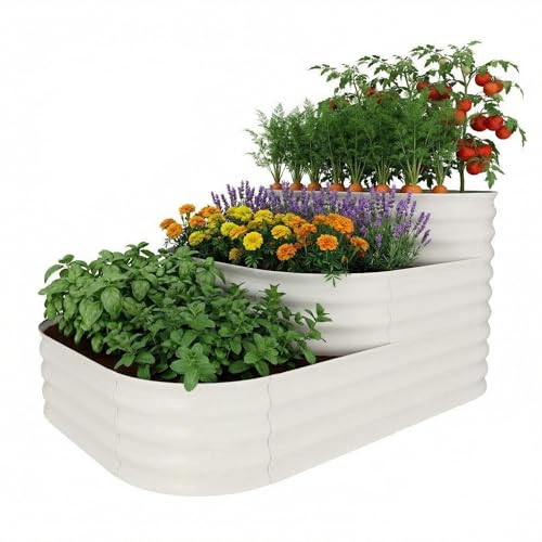 IDEALHOUSE 3-Tier Galvanized Raised Garden Bed 60.6x42.1x30.7 Inch, Exclusive Layered Planting Design for Shallow & Deep Root Plants, Eliminates Root Competition, Maximize Vertical Space, White