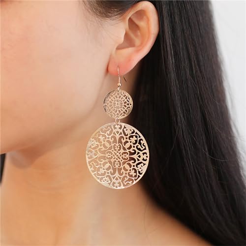 coadipress Boho Filigree Hollow Out Geometric Dangle Drop Earrings for Women Retro Double Round Disc Statement Metallic Cutout Metal Flower Large Earrings Ethnic Style Jewelry Gifts2