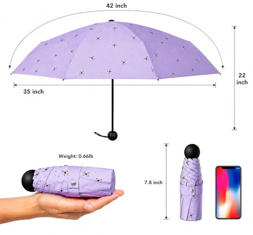 Image of Mini Umbrella with Case for Men & Women (Manual Open) Compact Travelling Pocket Umbrella, Polyester & UV Protect Fabric for Summer /Anti-Slip Handle- Use in Rain & Summer (Purple-Print)