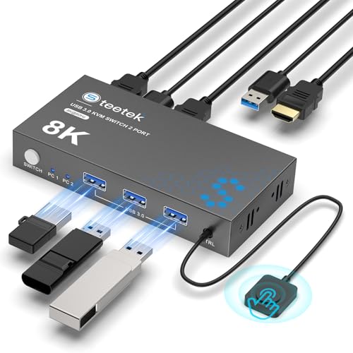8K@60Hz HDMI KVM Switch 2 Computer 1 Schermo Switch KVM, condividere 1 tastiera/mouse tra 2 PC, switch USB 3.0 con telecomando, HDCP 2.3, EDID
