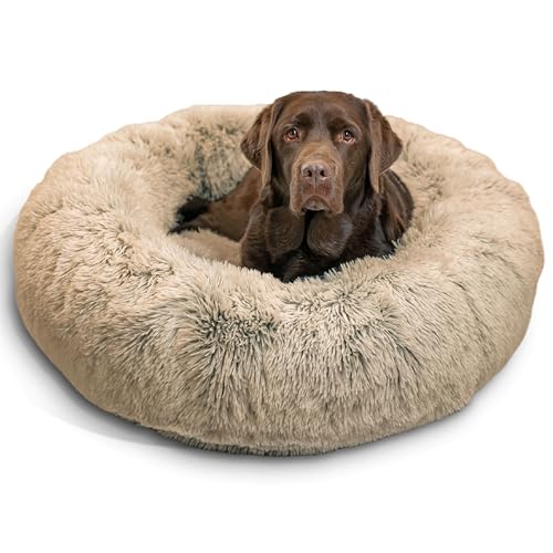 Best Friends by Sheri Original Calming Donut Dog and Cat Bed, Shag Faux Fur, Taupe, (36in x 36in) - Anxiety Relief for Pets Up to 100 lbs