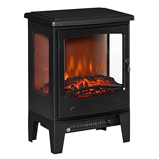 HOMCOM Chimenea Eléctrica 900W/1800W Chimenea Decorativa de Pie con Ventanas Efecto de Llama Temperatura Ajustable y Protección Sobrecalentamiento para 20-25 ㎡ Negro