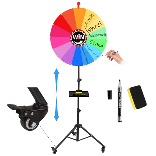 VJJB 24-inch Spinning Prize Wheel, Ajustable 35\"-65\" Height Spin Doodle Game Spinner, Folding tripod with Wheels, Dry Erase Marker & Eraser 14 Color Slots for Carnival Trade Show Fortune Spinning Game