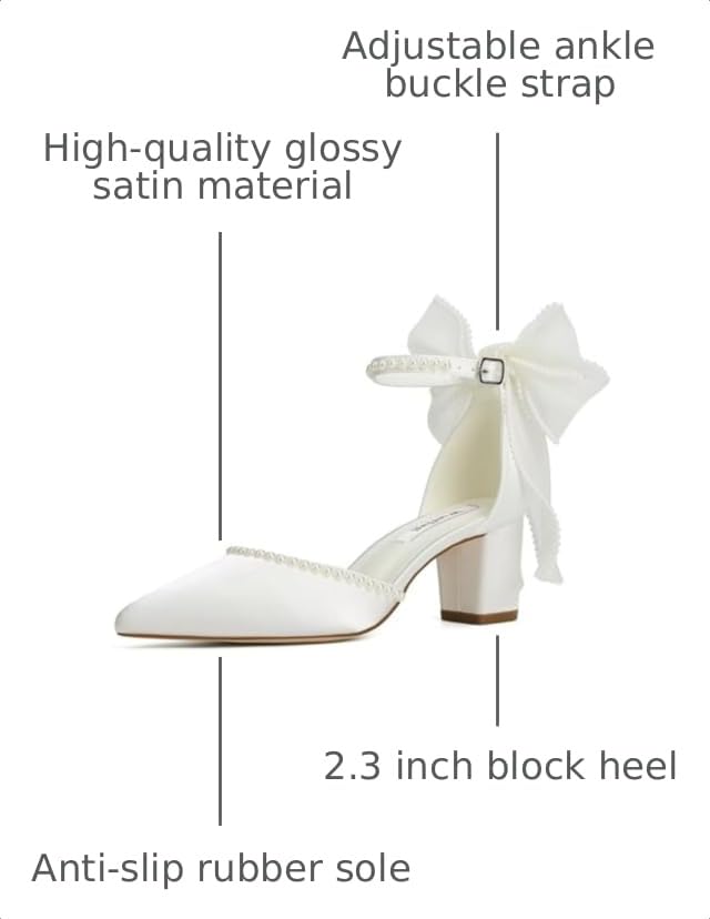 Image of Block Heel Wedding Shoes for Bride Closed Toe Wedding Heels with Bow Pearl Bridal Shoes