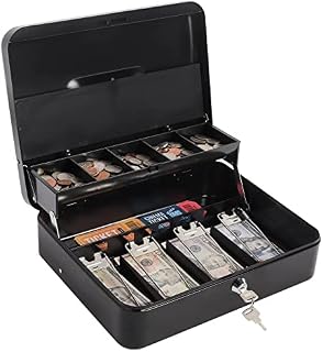 Kasten Cash Box With Money Tray and Key Lock, Metal Money Storage Box, 11.8"x 9.5"x 3.5", Large Black