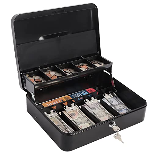 Kasten Cash Box With Money Tray And Key Lock, Metal Money Storage Box, 11.8"X 9.5"X 3.5", Large Black #TOP2