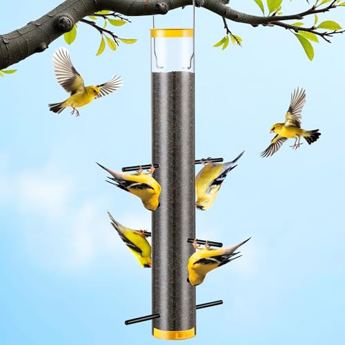 Thistle Feeder for Goldfinches with Upside Feeding Design, Hanging Finch Feeder for Outside, 15.9-Inch Tube Bird Feeders with 6 Small Ports & 3 Perches, Easy to Refill and Clean, Yellow