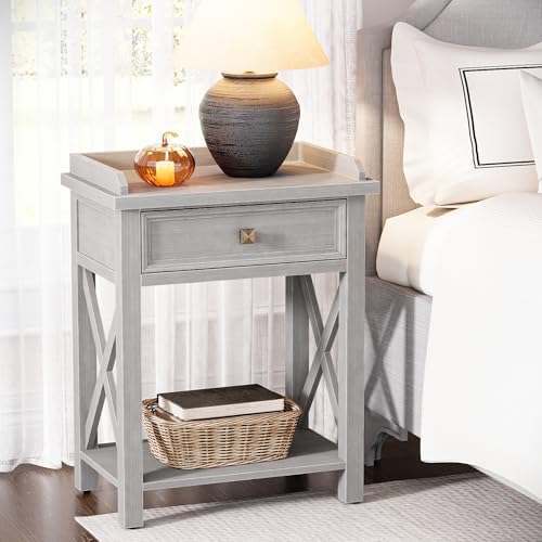 karlott Tall Nightstand with Charging Station, 22" Wood Nightstand with
