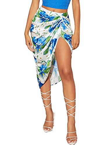 WDIRARA Women's Split Front Satin Skirts High Waist Ruched Wrap Skirt
