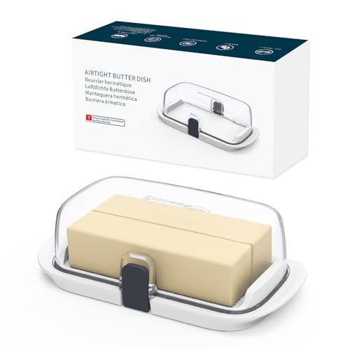 KITCHENDAO Large One-Handed Butter Dish with Lid for Countertop, Airtight Butter Holder with One Press to Open/Close Secure Latching Buckle for East Coast/West Coast/European/Kerrygold Butter(White)