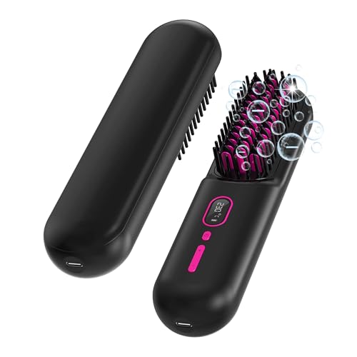 Cordless Hair Straightener Brush - [200M Negative Ions] Portable Straightening Brush for Women, USB Rechargeable, Anti-Scald, Fast Heating Mini Straightener Comb for Travel Car Outdoor, Black