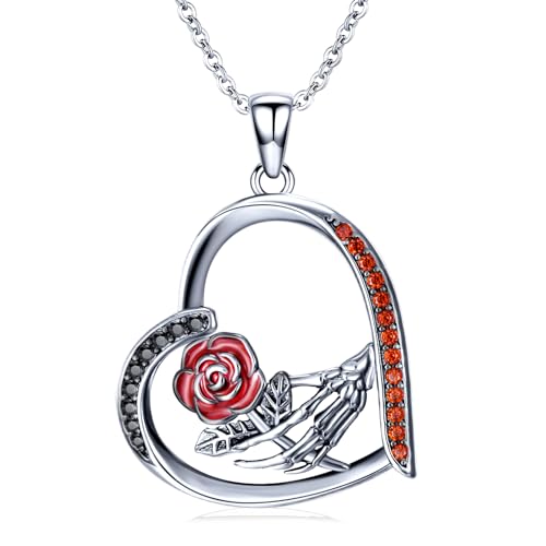 Collier main de squelette en argent sterling 925 et sa rose ciselée