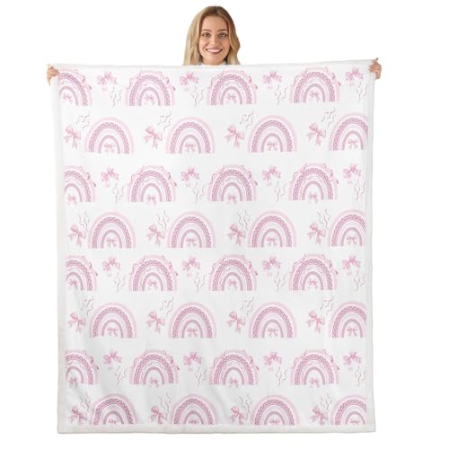 feelingyou Manta de franela de arco iris, alfombra de forro polar con lazo para niñas y mujeres, alfombra de forro polar bohemia con lazo, bonita alfombra de cama de estilo femenino para cama, sofá,