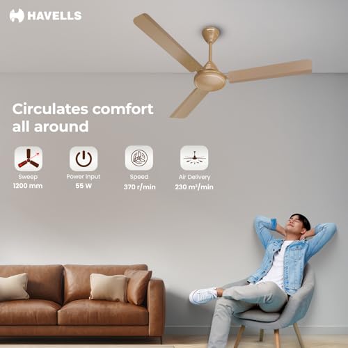 Havells Mozel XP 1200mm Ceiling Fan, Best in Class Base Fan with High Air Delivery, Energy Saving & 100% Pure Copper Motor | 2 Year Warranty | Desert Gold - Image 5