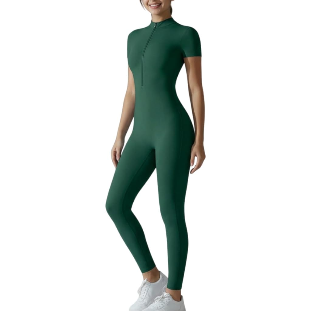 Tuta da Yoga da Donna a Maniche Corte, Tuta Intera per Fitness all'aperto, Abbigliamento Sportivo per Allenamento.-Verde-M