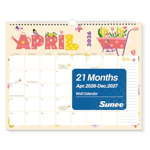 SUNEE Wall Calendar 2026-2027- 21 Months Apr.2026 - Dec. 2027 14.5x11.5 Big Grid Hanging Calendar 2026 with Note for Organizing & Planning 2026 Wall Calendar with Note Cute
