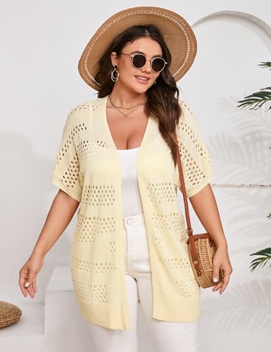 Image of Summer Crochet Cardigan Plus Size Women Short Sleeve Open Front Knitted Cardigans Lightweight Cover Up for Beach