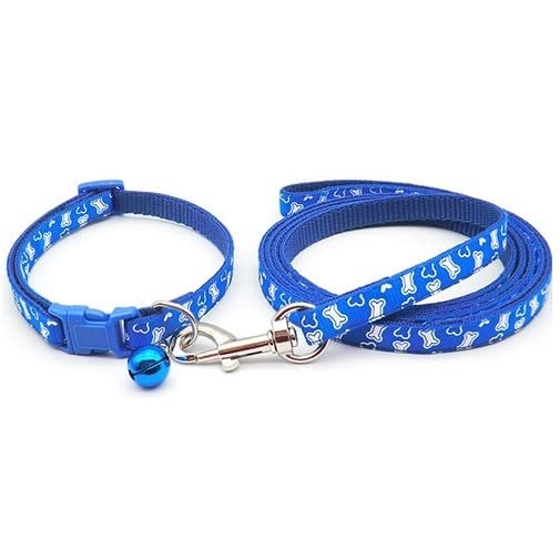 Small Dog Puppy Pet Collar and Lead Set White Bone Design Nylon Adjustable Size 19-32cm Collar with Bell and 120cm Leash Blue - Image 2