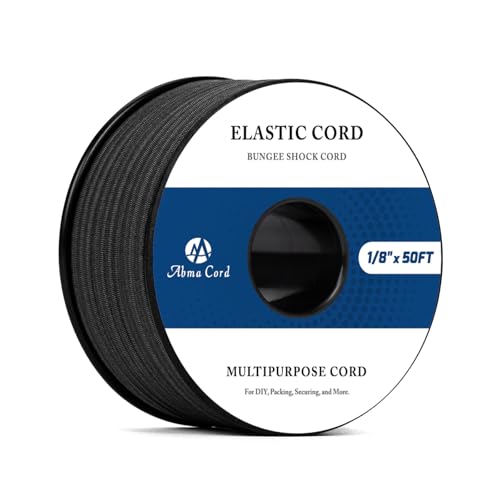 Abma Cord Bungee Cord 1/8in x 50ft Elastic Shock Cord 100% Stretch Elastic Bungee Rope for Tarpaulin Trailer Backpack Tent Pole Kayak - Black
