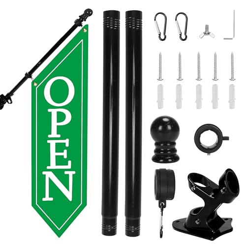 OPEN Flag with Pole Kit - Heavy Duty Canvas Open Banner for Business Storefront, 42x12 Inch Outdoor Double-Sided Sign with Bracket - Advertising Signage for Retail & Shops (Green)