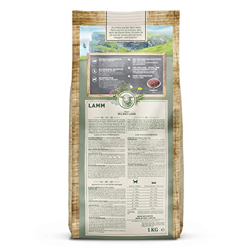 Wildes Land - Nr. 1 Lamm - 1 kg - mit Reis und Wildkräutern - Glutenfrei - Trockenfutter für Hunde - Hundefutter mit hohem Fleischanteil - Für alle Hunderassen - Hohe Verträglichkeit