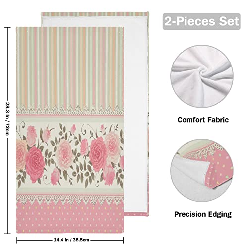 Shustary 2 Pack Vintage Pink Rose Hand Towels For Bathroom,Microfiber Soft Absorbent Spring Blossom Floral Polka Dots Stripes Kitchen Dish Towels Decorative Bath Hand Towel For Face,Gym,Spa 14"X28" #TOP1