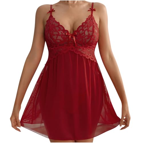 TANGNADE Women Lingerie Lace Babydoll Strap Chemise Halter V Neck Sleepwear Dress Wedding Lingerie for Bride Sexy Lingerie For Women Red M