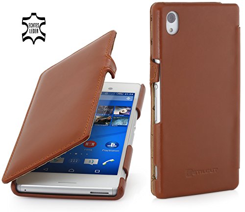 StilGut Book Type Case con Cierre Clip, Funda de Piel auténtica para Sony Xperia M4 Aqua, Cognac