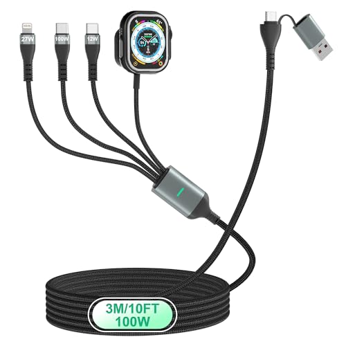 Câble de charge multiple USB C pour Apple Watch 3 m, 100 W, câble de charge rapide USB C avec double USB-C (100 W/10 W), Lightning et chargeur magnétique Apple Watch, tressé pour iPhone 17-14, iPad