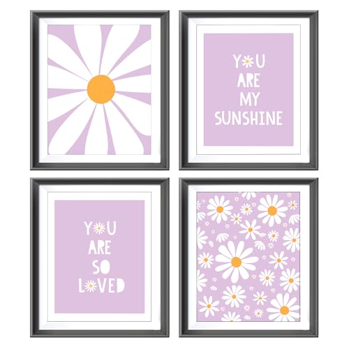 Image of AEHIE Boho Purple Daisy Flower Wall Art Print, You Are My Sunshine Poster for Baby Girls Room Nursery, Bohemian Spring Aesthetic Floral Decor for Home, 4pcs