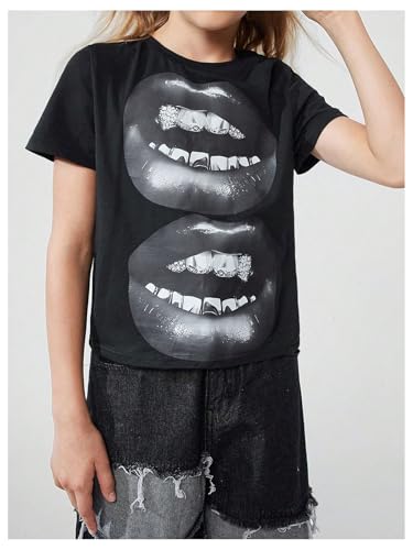 WDIRARA Girl's Lip Graphic T Shirt Short Sleeve Crew Neck Tee Shirt Y2k Top2