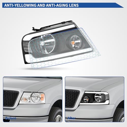 Image of oEdRo Switchback Turn Signal & LED DRL Headlights Compatible with 2004-2008 Ford F150 Pickup / 2006-2008 Lincoln Mark LT Headlamp Replacement Black Housing Clear Reflector Clear Lens