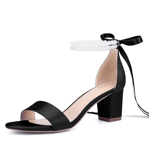 Isobud Women's Open Toe Pearl Wedding Shoes for Bride Black Heels with Bow Bridal Shoes Chunky Block Satin Heels Sandals Size 7