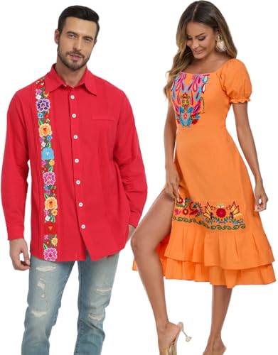 Image of YZXDORWJ Mexican Dress for Women Boho Embroidered Sexy Ruffle Maxi Dress Short Sleeve Summer Beach Wedding Party Dress
