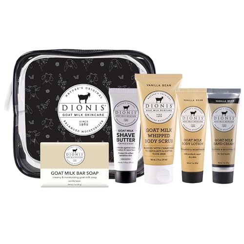 Image of Dionis Goat Milk Vanilla Bean Hand Cream, Body Lotion, Whipped Body Scrub, Shave Butter, Bar Soap 3 oz & Carrying Case 6-Piece Travel Set