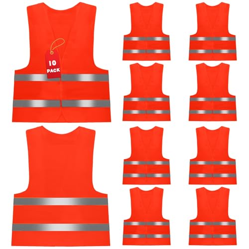 10 Pièces Gilet de Sécurité, Gilet Haute Visibilité, Gilets Haute Vêtements De Travail Respirants avec des Bandes Réfléchissantes pour Conducteurs, Travailleurs BTP, Cyclistes, Rouge Fluorescen