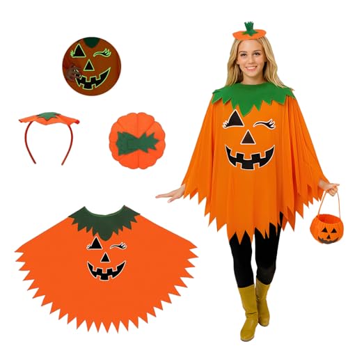 Mino Plus Disfraz de poncho de calabaza para mujer,disfraz de calabaza con Sombrero y Bolsas,disfraz de pumpkin para cosplay de halloween (Adulto)