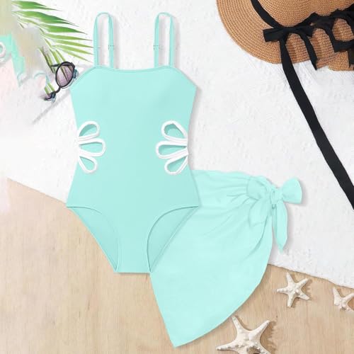 One Piece Swimsuit for Girls Cut Out Adjustable Straps Bathing Suit Girls' Swimwear with Cover Up Skirt 7-16 Years4