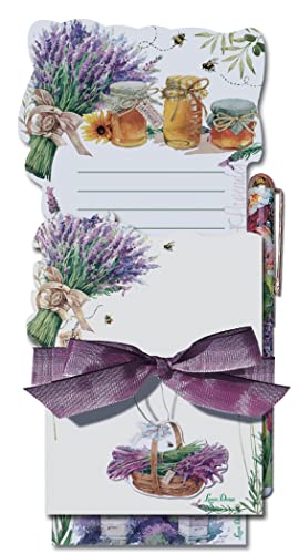 Lissom Design Notepad Bundle with Pen - Magnetic List Pad and Die Cut Note Pad Gift Set, 3-Piece, Lavender Bee Farm