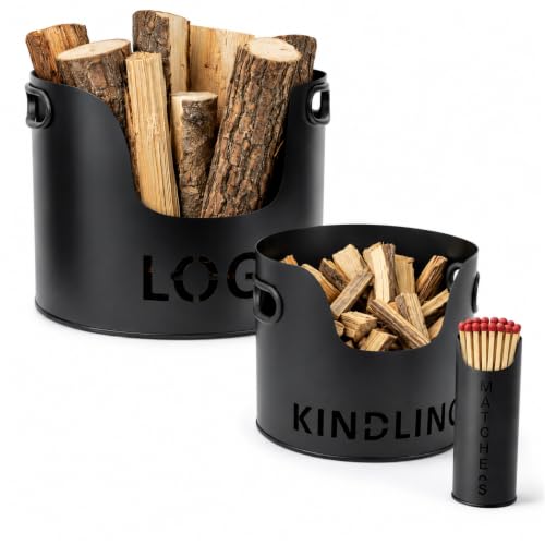 Image of Almineez 3PC Firewood Storage Bucket Set - Black Metal Log Holder, Kindling Bucket & Matchstick Holder | Indoor Fireplace Accessories For Wood Burner, Hearth Fireside Storage Organizer