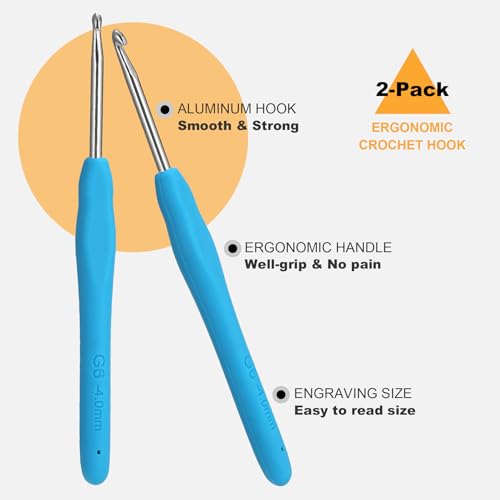 Image of 2Pcs 4.0mm Crochet Hooks, Ergonomic Crochet Hook for Arthritis and Beginners, Extra Long, Smooth, Comfortable (Size G / 4.0mm)