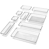 9 Pcs Desk Drawer Organizer Trays Set, GLSOGL 6-Size Clear Sturdy Plastic PET Storage Bins for...