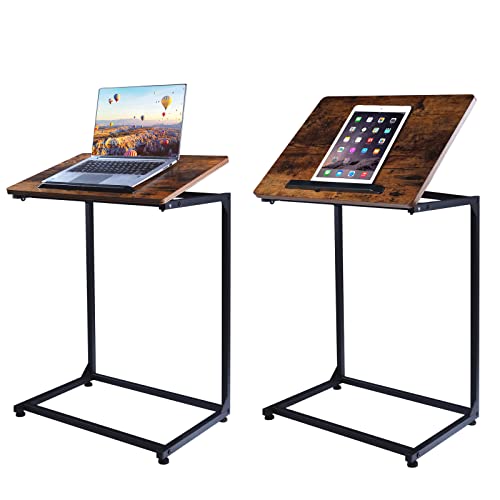 Hosfais Side Table C-Shaped End Table, Couch Sofa Table,Tiltable Top Laptop Table And Rolling Casters, Mobile Tv Tray Snack Table For Living Room, Bedroom, Rustic Brown #TOP4