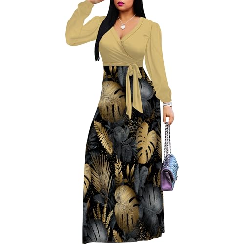Image of PinkPatty Plus Size Dresses for Curvy Women V Neck Flowy Long Sleeves Wrap Maxi Dress Travel Vacation Outfits