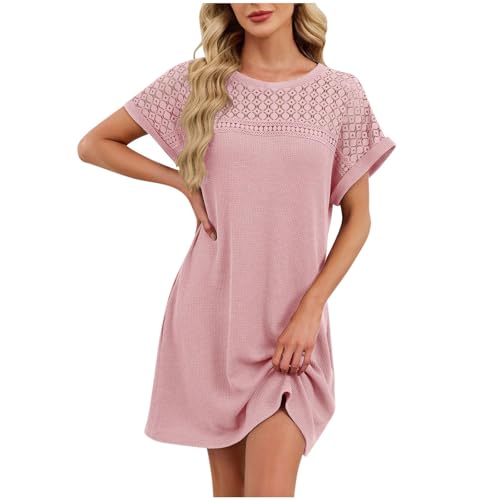 Image of AMhomely Summer Dresses for Women UK-Ladies Short Sleeve Vacation Dress,Crochet Lace Sundresses,Round Neck Casual Mini Dresses,Solid Floaty Beach Dress,Party,Beach,Travel A Pink M