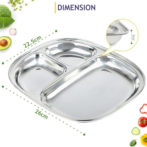 Image of Stainless Steel Plates with Compartments /Tiffin Plates /Pav Bhaji Plates /Partition Plates /Breakfast Plates /Steel Plates for Lunch /Dinner /Kids Plate Set of 3 (Medium)