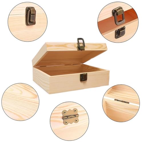 Image of Wooden Box with Hinged Lid - 8x6x3 Inch Unfinished Wood Box for Crafts DIY - Plain Natural Solid Pine Storage Box with Clasp for Jewelry Keepsake Desk Organization and Gift Decor