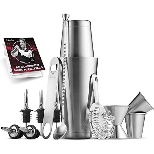 Premium Cocktail Shaker Bar Tools Set (14 piece) High Quality Brushed Stainless Steel Bartender Kit, with All Bar Accessories, Cocktail Strainer, Double Jigger, Bar Spoon, Bottle Opener, Pour Spouts